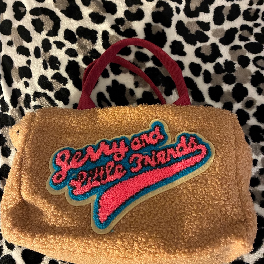 Brown Fuzzy Tote with Red Handles and Patch